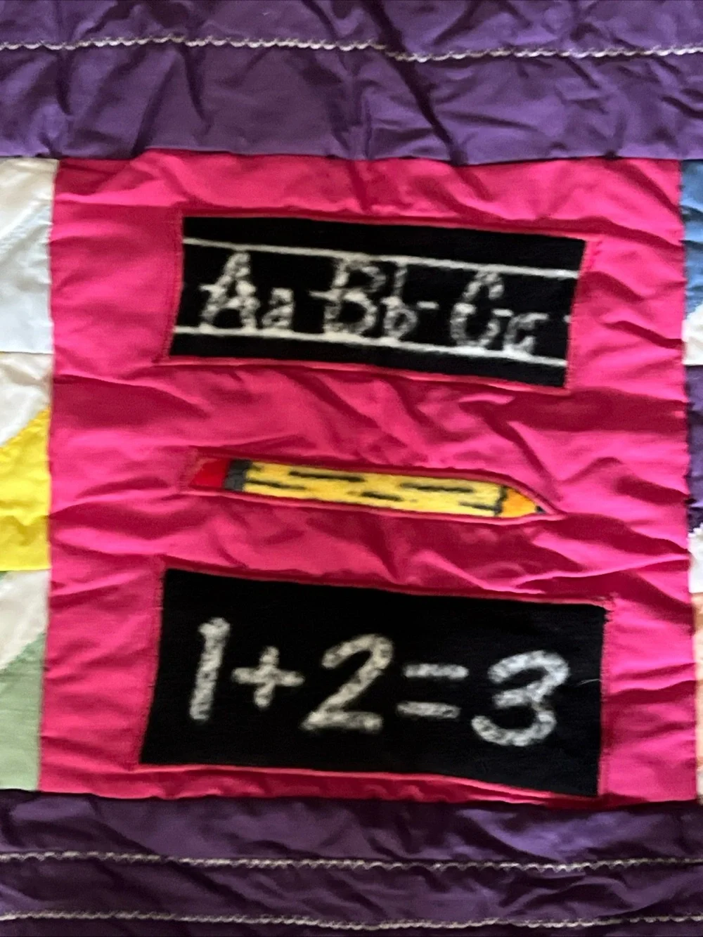 Vintage Schoolhouse Handmade Patchwork Quilt Purple Pastel Colorful 52”x41”